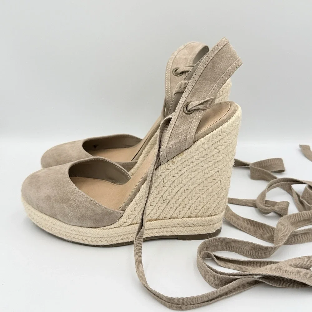 Steve Madden Barre 9M Taupe Suede Espadrille Platform Wedge Heels Ankle Tie Boho